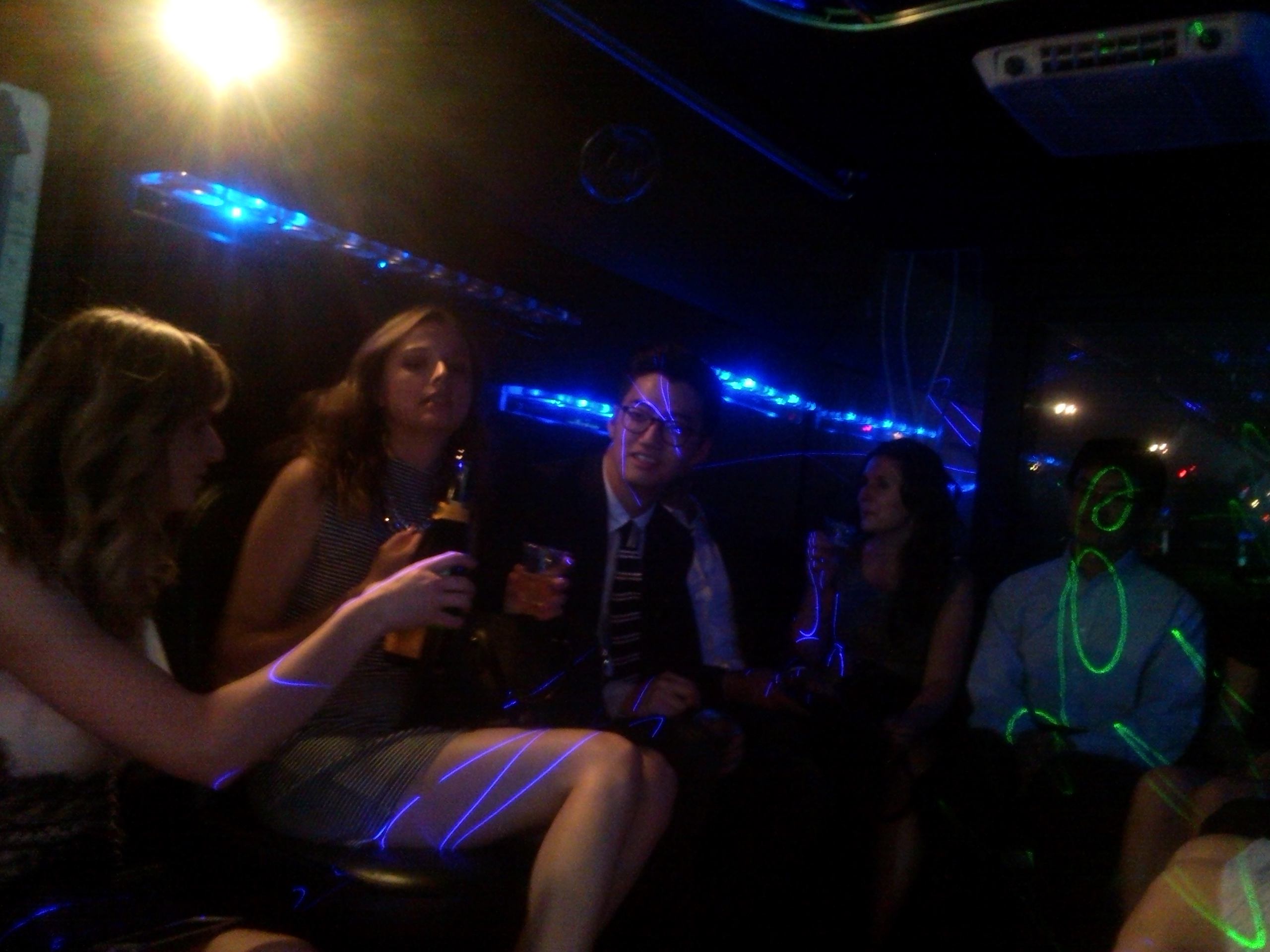 On the party bus - Jeff covered in frickin' lasers