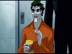 The Joker eating some chips in a deadpan fashion
